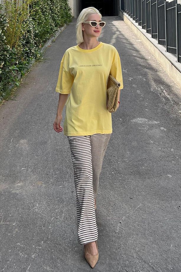 Sarı Oversize Sırt Ve Ön Baskılı Bisiklet Yaka Kısa Kollu Tişört MG2130 - 4