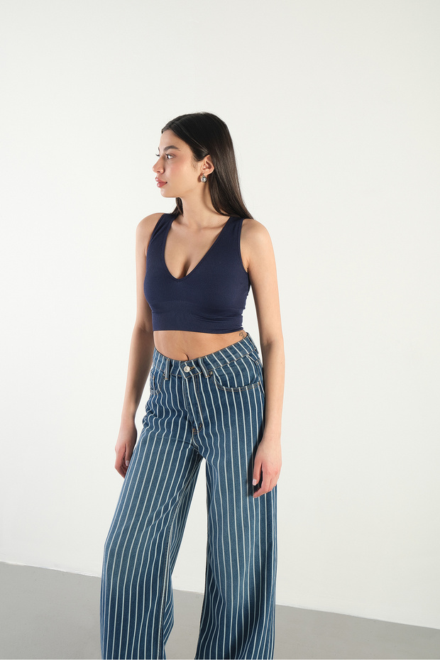 V Yaka Kalın Askılı Seamless Crop A0131-dk8 - 5