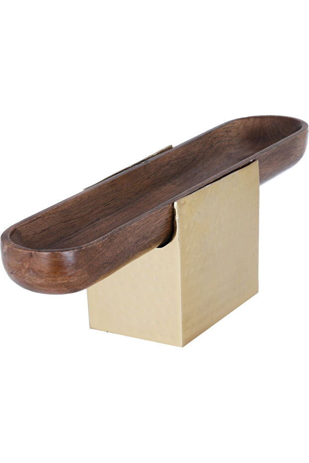 Al Saif Gallery wooden serving plate, 13x10x40 cm, square steel base - gold