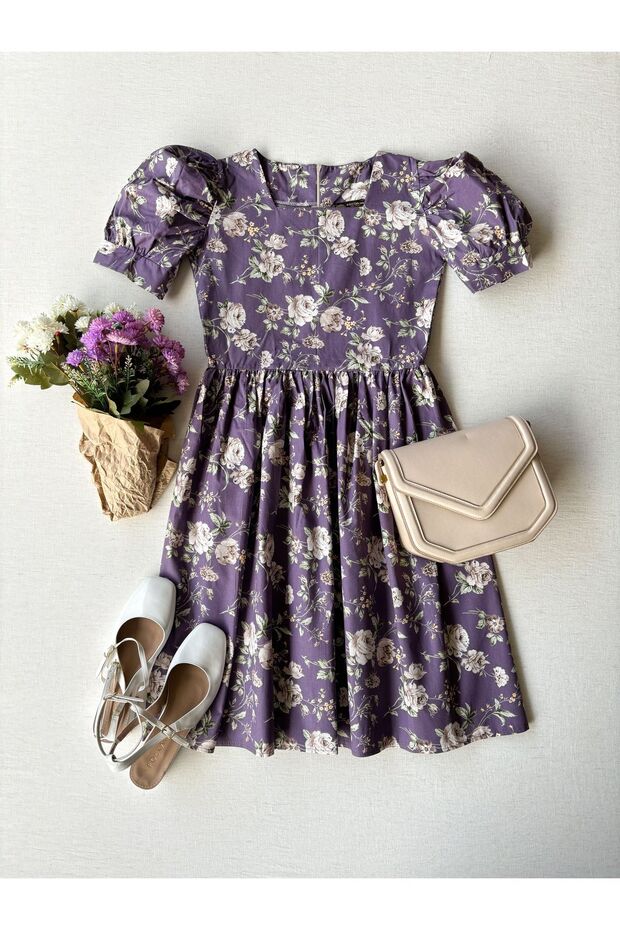 Women's Purple Rose Watermelon Sleeve Poplin Dress
