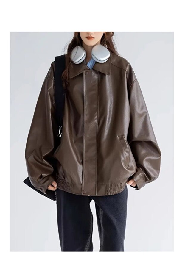 KADIN PREMİUM OVERSİZE BOMBER DERİ CEKET - 1