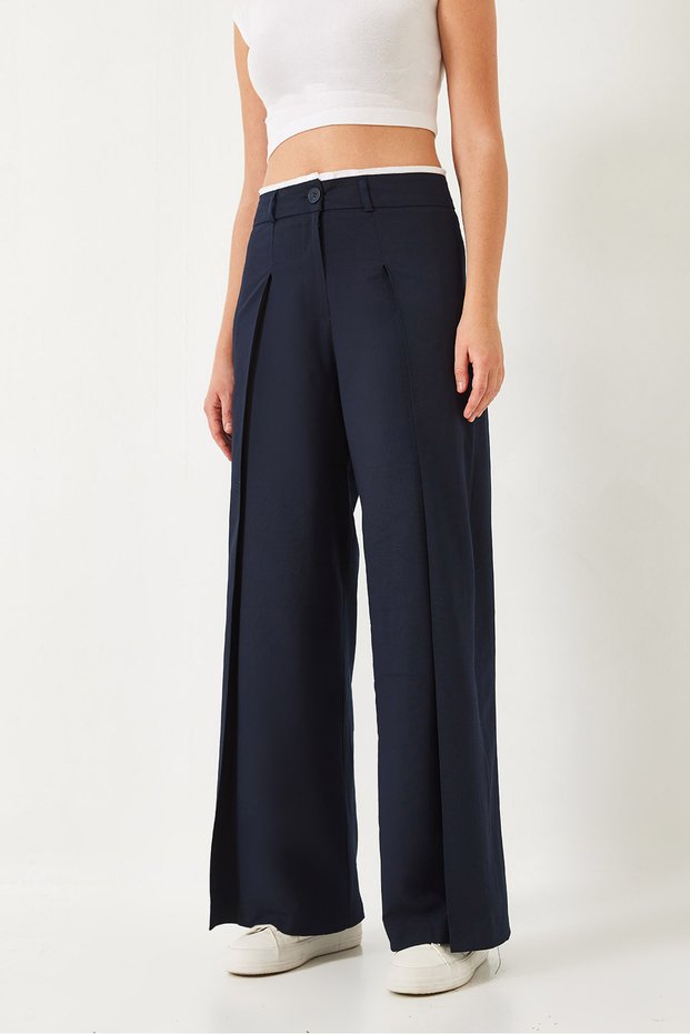 Women's Navy Blue Wide Pleated Waist Detailed Fabric Trousers 80108 60271044
