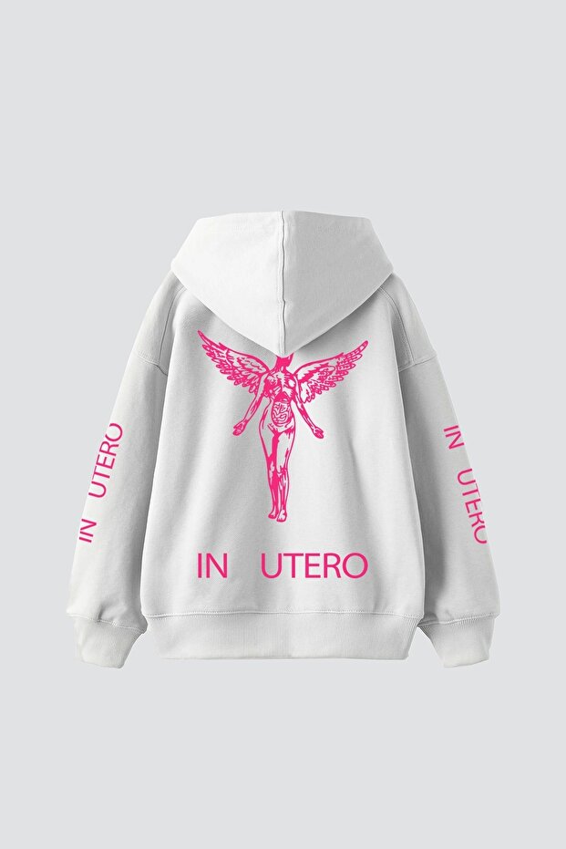 Nirvana in Utero Pink Printed Oversize Unisex White Hoodie