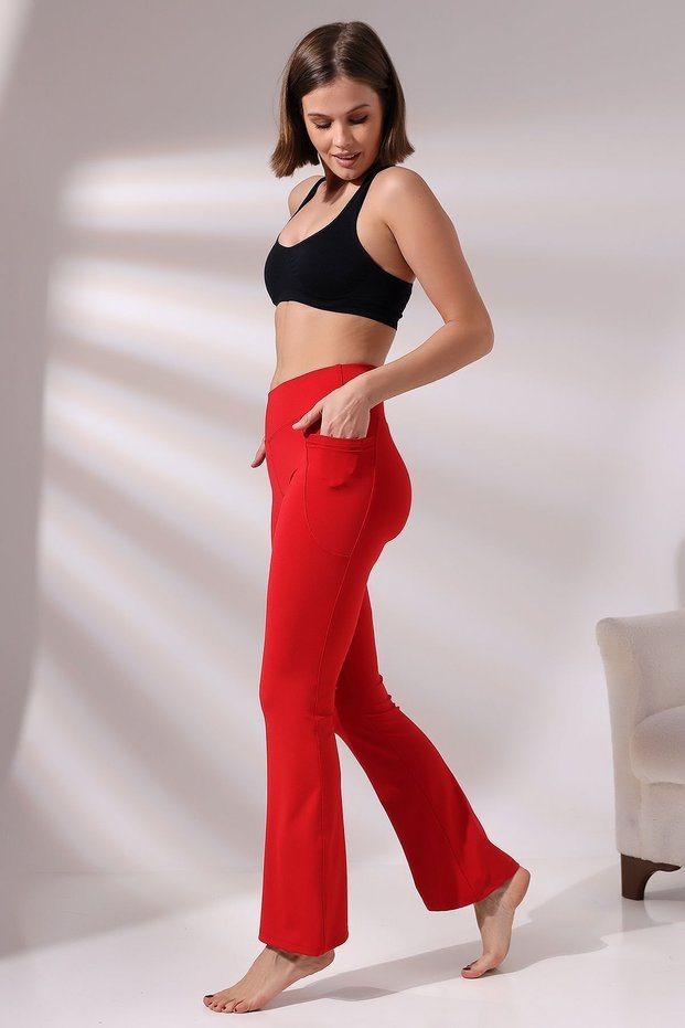 Red Women's High-Waist Shaping / Sculpting Double Pocketed Flare Bootcut Leggings