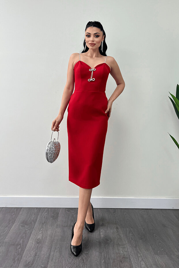 Atlas Fabric Strap Sequin Detailed Pencil Dress - Red