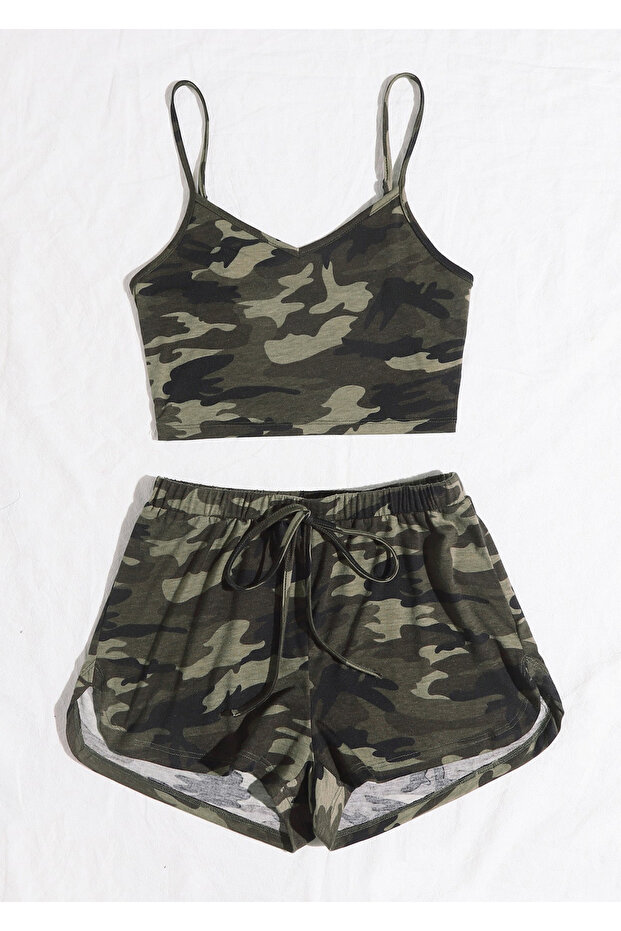 Kadın Kamuflaj Desenli Askılı Crop Top ve Şortlu Gecelik Takım - 3
