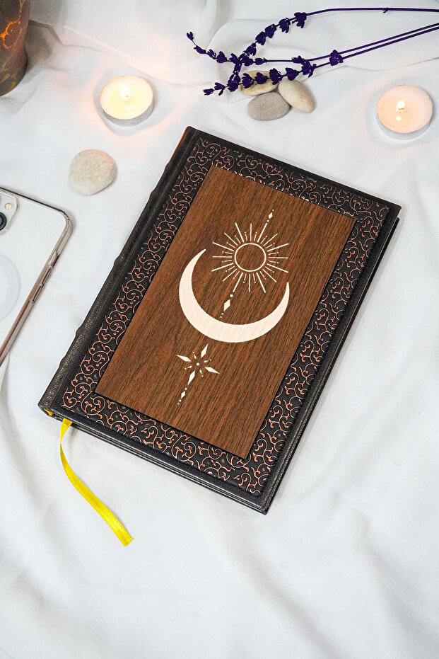 Sun Pattern Thermo Leather and Wood Notebook - Striped Gift Notebook A5 (15X21 cm - 320 Sheets)
