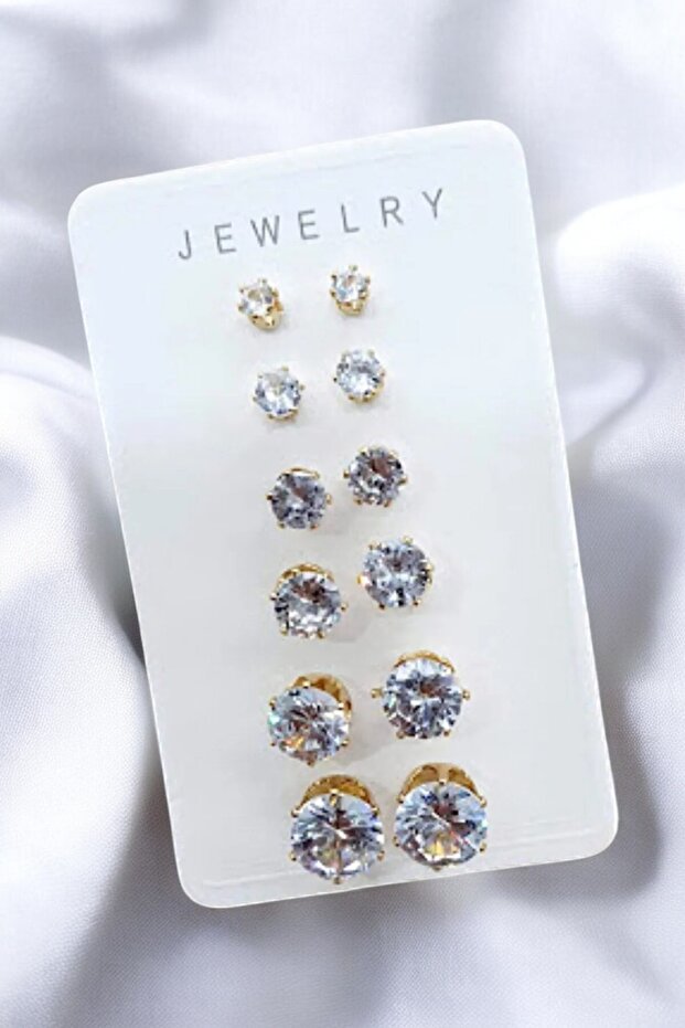 12 Adet Tek Taş Zirkon Küpe Seti Gold - 1