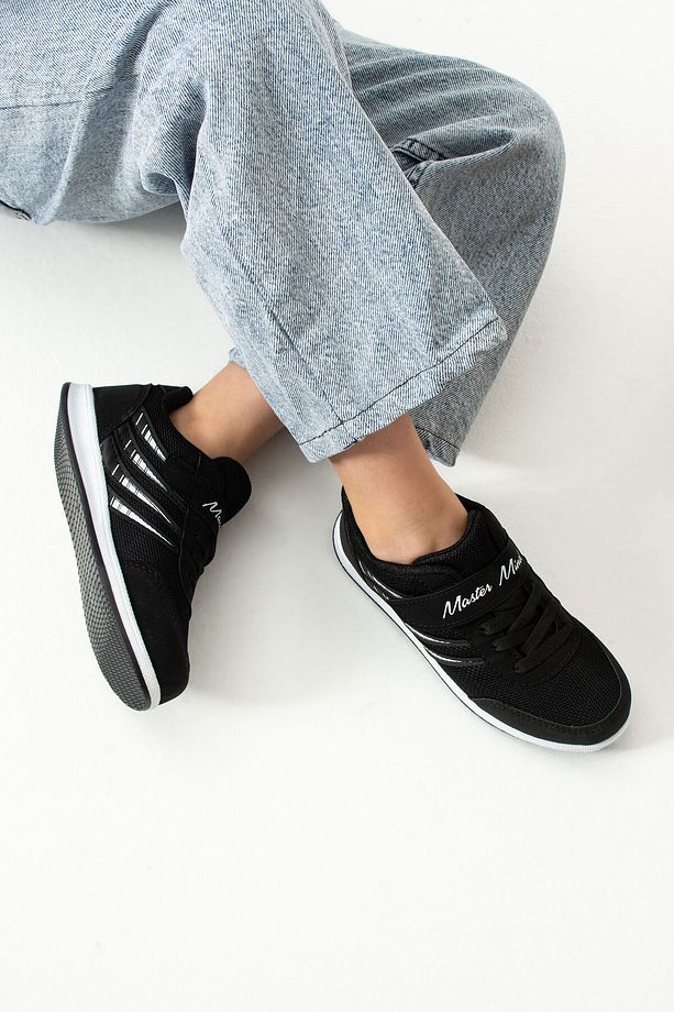 Çocuk Siyah Beyaz Bağcıklı Tek Cırtlı Esnek Hafif Nefes Alabilen Unisex Fileli Sneaker Spor Ayakkabı - 2