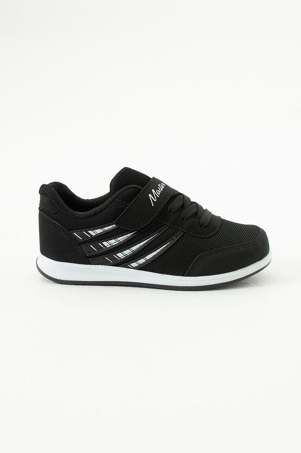Çocuk Siyah Beyaz Bağcıklı Tek Cırtlı Esnek Hafif Nefes Alabilen Unisex Fileli Sneaker Spor Ayakkabı - 4