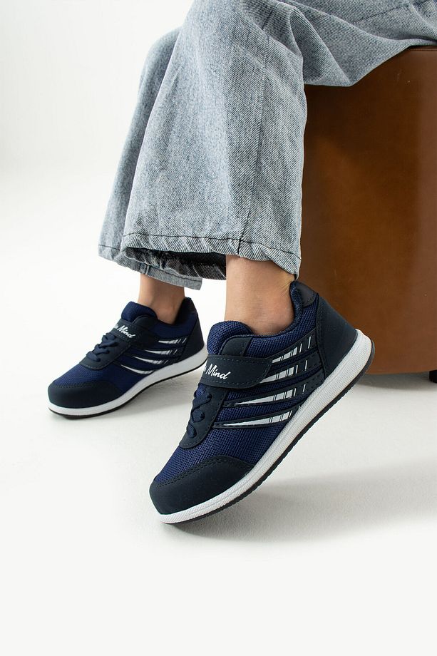 Çocuk Lacivert Bağcıklı Tek Cırtlı Esnek Hafif Nefes Alabilen Unisex Fileli Sneaker Spor Ayakkabı - 1