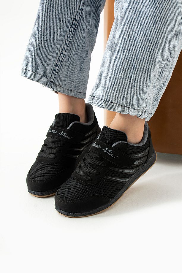 Çocuk Siyah Füme Bağcıklı Tek Cırtlı Esnek Hafif Nefes Alabilen Unisex Fileli Sneaker Spor Ayakkabı - 1
