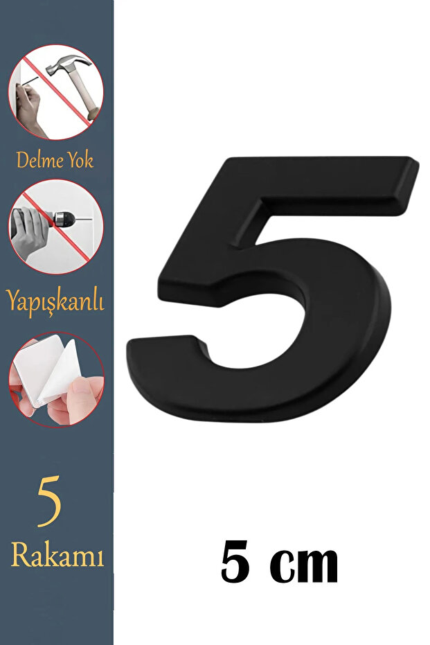 Kapı Numarası Yapışkanlı Küçük Boy 50 mm 5 cm Numara 5 Rakam Beş Sayısı Siyah Renk Numaralar 1 Adet. - 1