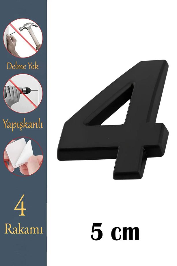 Kapı Numarası Yapışkanlı Küçük Boy 50 mm 5 cm Numara 4 Rakam Dört Sayı Siyah Renk Numaralar 1 Adet. - 1