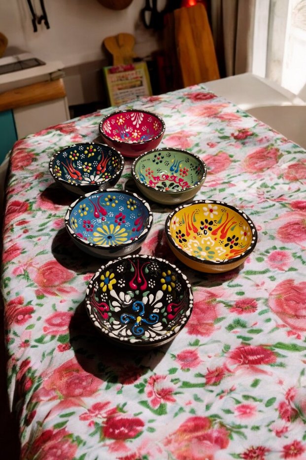 Kütahya Ceramic Bowl with Flower Decorations, Colorful Snack Bowl, Breakfast Bowl, Sauce Bowl, Turkish Delight Bowl, Set of 6, 4X8Cm