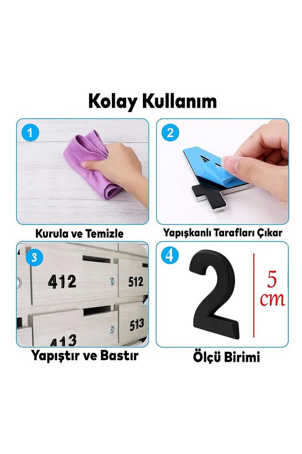Kapı Numarası Yapışkanlı Küçük Boy 50 mm 5 cm Numara 2 Rakam İki Sayısı Siyah Renk Numaralar 1 Adet. - 7