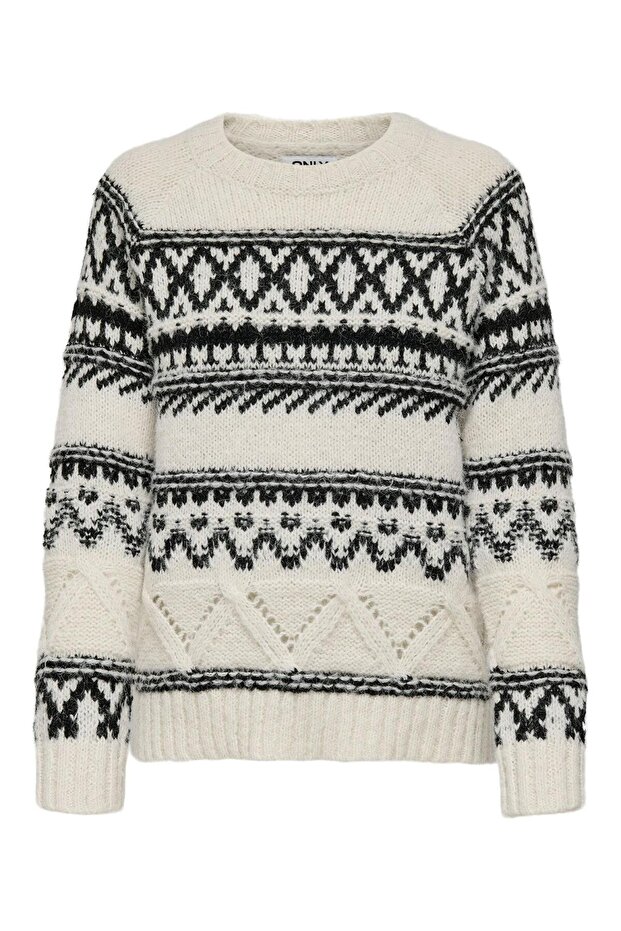 Women's Onlshırly Crew Neck Long Sleeve Patterned Knitted Sweater 15327644 Ecru