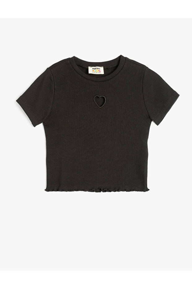 Cotton Heart Detail Short Sleeve Crew Neck Basic Crop T-Shirt