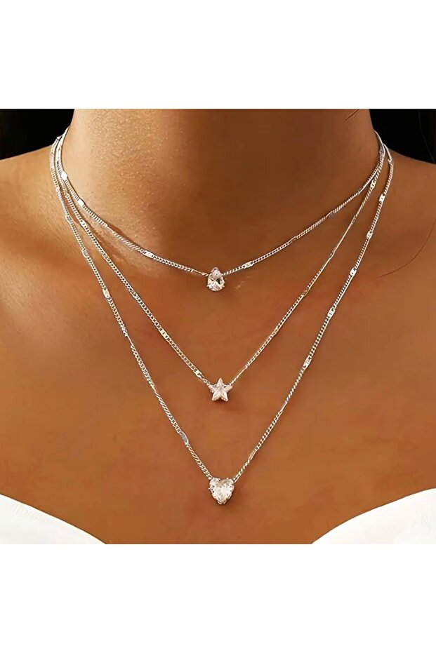 Stylish Three Layer Star and Heart Necklace - Elegant and Modern Design