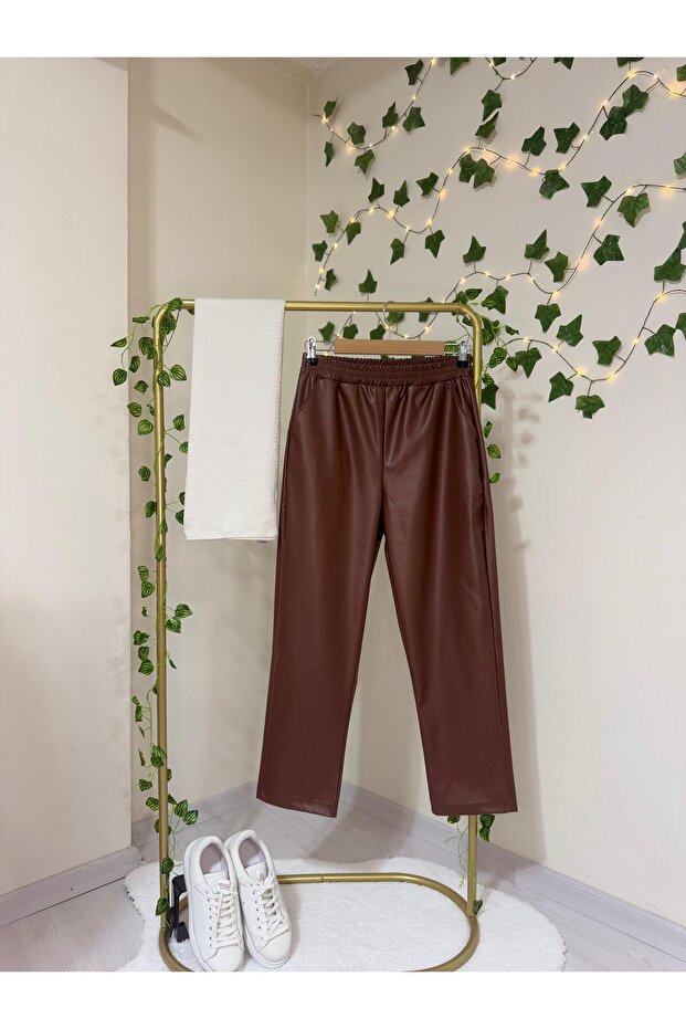 Beli Lastikli Deri Pantolon Taba - 1