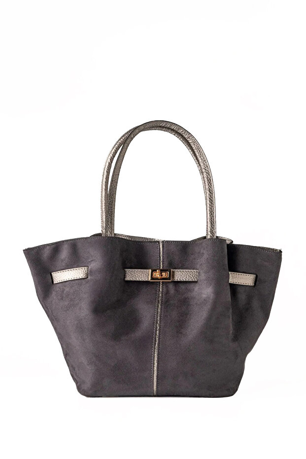Women's Lock Detailed Nubuck (Suede) Hand and Shoulder Bag