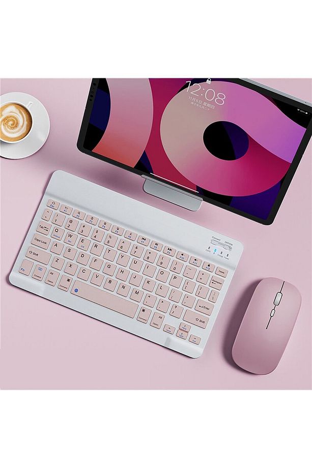 Samsung Galaxy Tab S6 Lite SM-P610 için Bluetooth Klavye ve Mouse Seti Pembe - 3