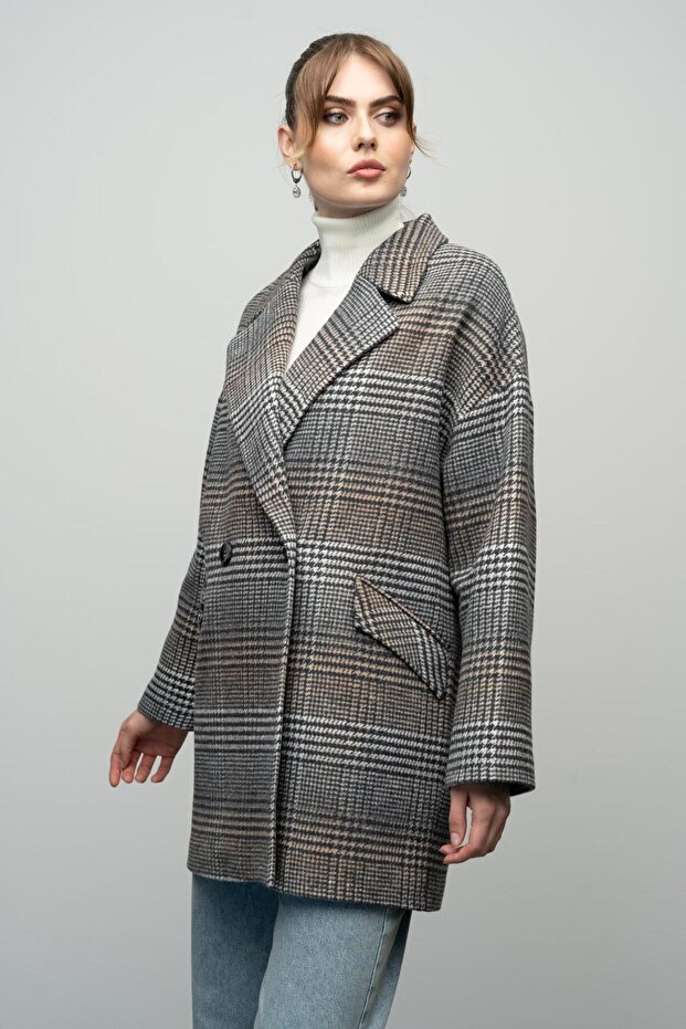 Plaid Patterned Double-Breasted Oversize Coat Gray 3020