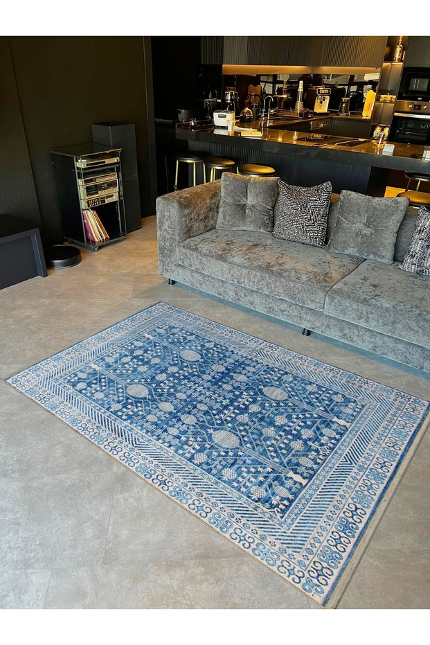 Emre Collection Blue Themed Traditional Motif Ethnic Patterned Woven Base Vintage Decorative Carpet 26
