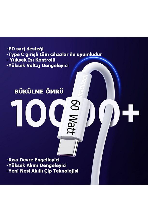 Type C to Type C Hızlı Şarj ve Data Transfer Özellikli Şarj Kablosu, 60 W Çift Taraflı USB C Kablo - 3