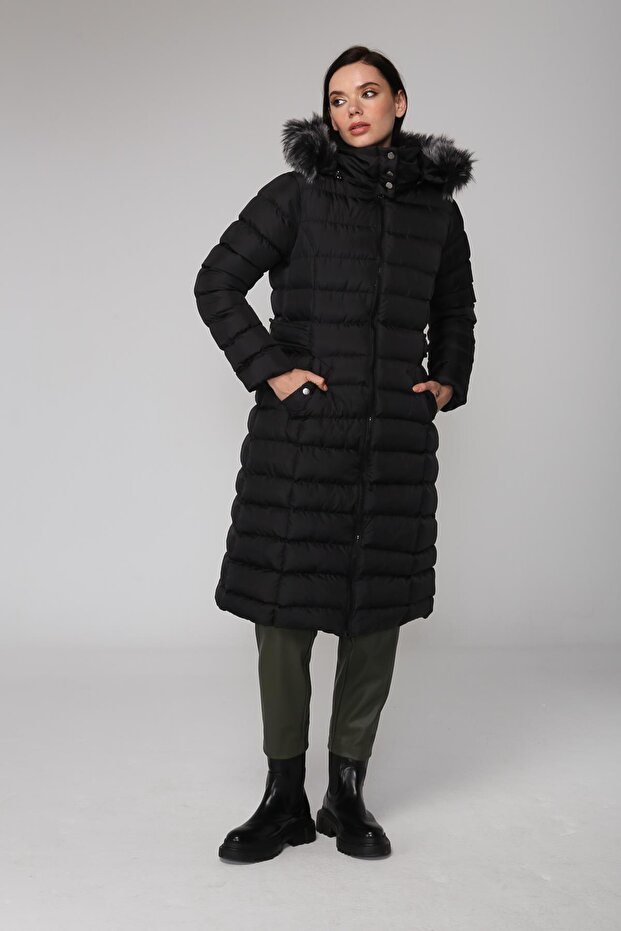 Detachable Hooded Puffer Coat with Plush Detail on the Collar Black 5523 - 3