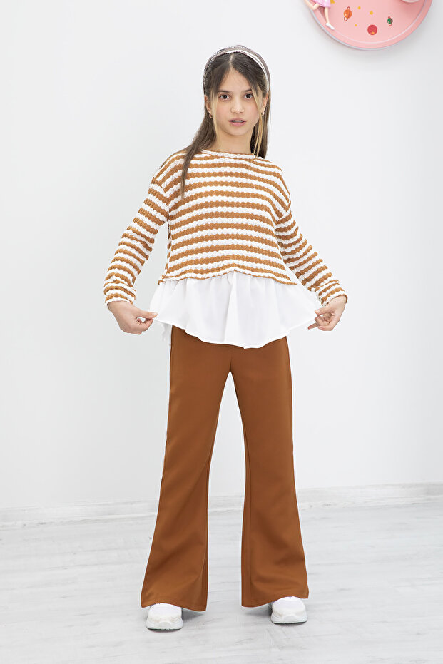 Girl's 2-Piece Set with Tan Striped Blouse and Spanish-Cut Trousers 19983