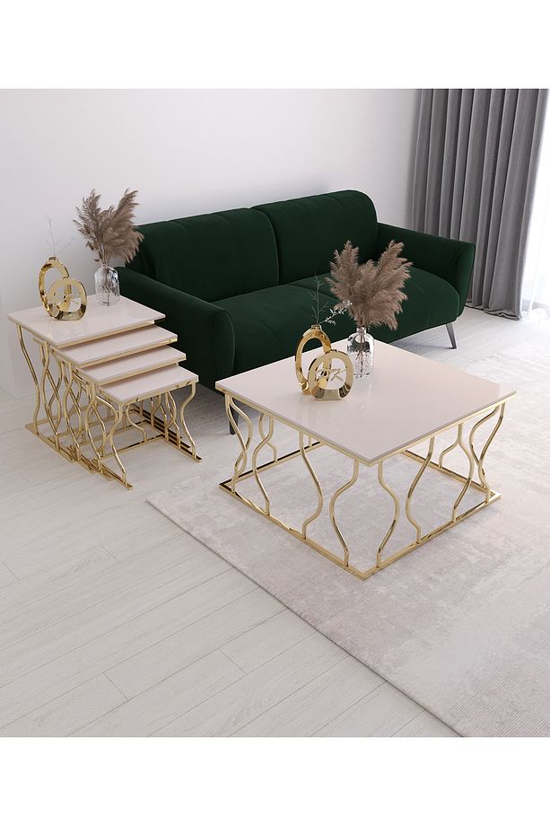 Hayal 4'lü Zigon Ve Orta Sehpa seti Gold Ayak Krem Mdf - 3