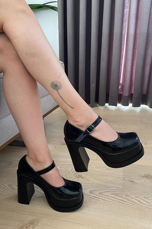 Kadın Napoli Siyah Rugan Tek Baretli  (12 cm ) Platform Topuklu Ayakkabı - 3
