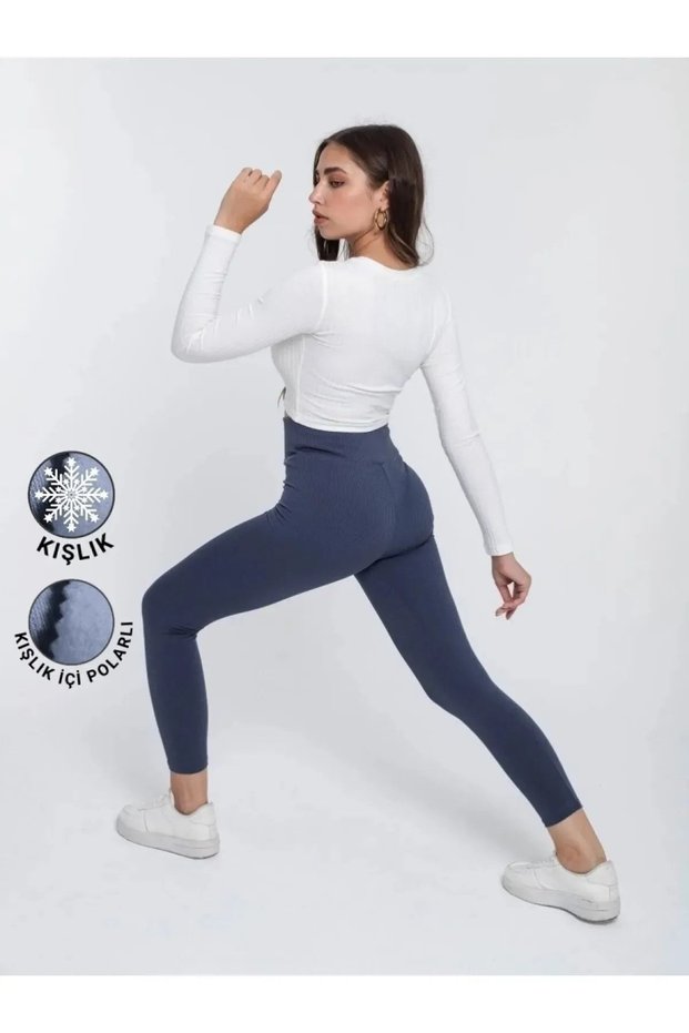Indigo Blue Ribbed Women's Winter High Waist Ribbed Leggings with Polar Inside