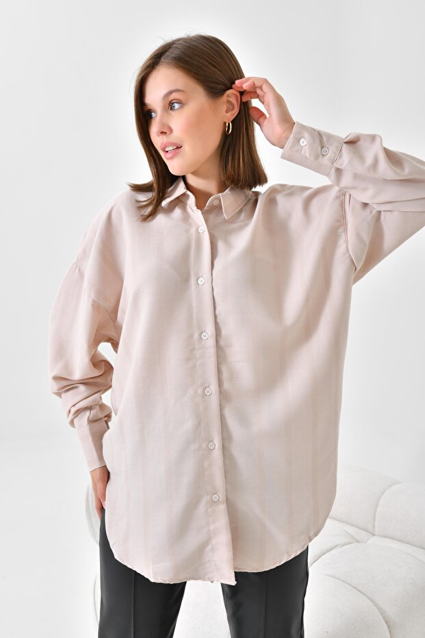 Kadın Oversize Basic Gömlek Bej Rahat Kesim - 3