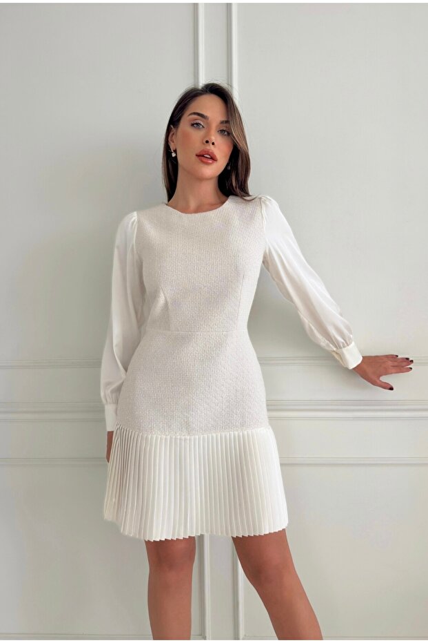 Ekru Piliseli Mini Elbise - 1