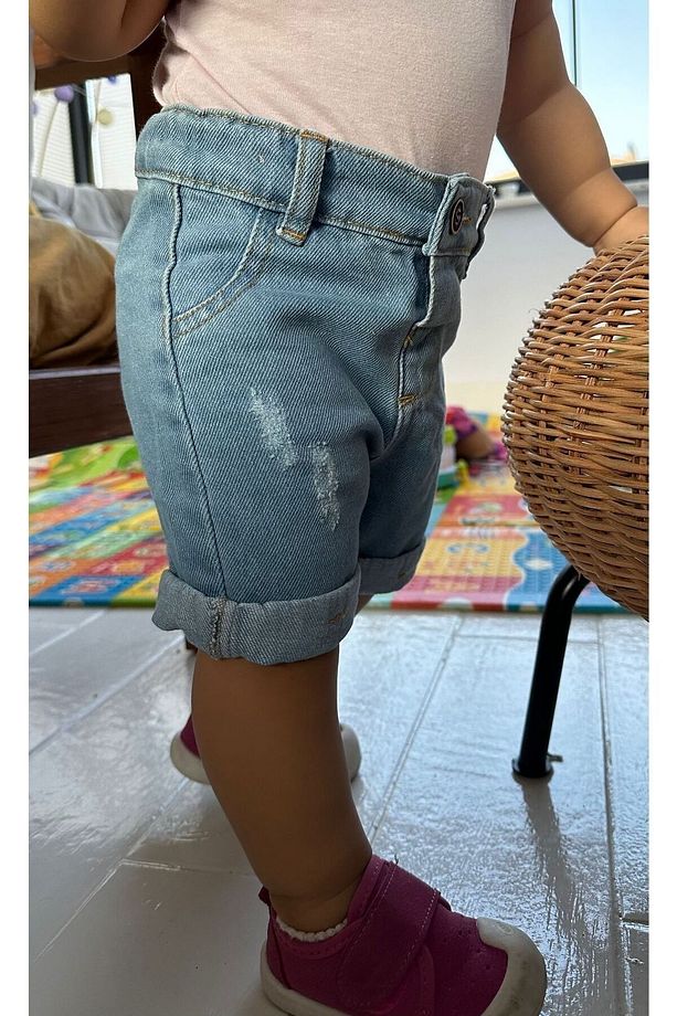 Beli Ayarlanabilir Lastikli Denim Kumaş Çocuk Şort - 3