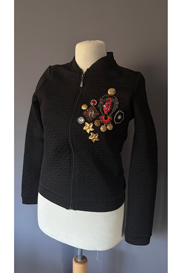 İşlemeli Siyah Bomber Ceket - 1