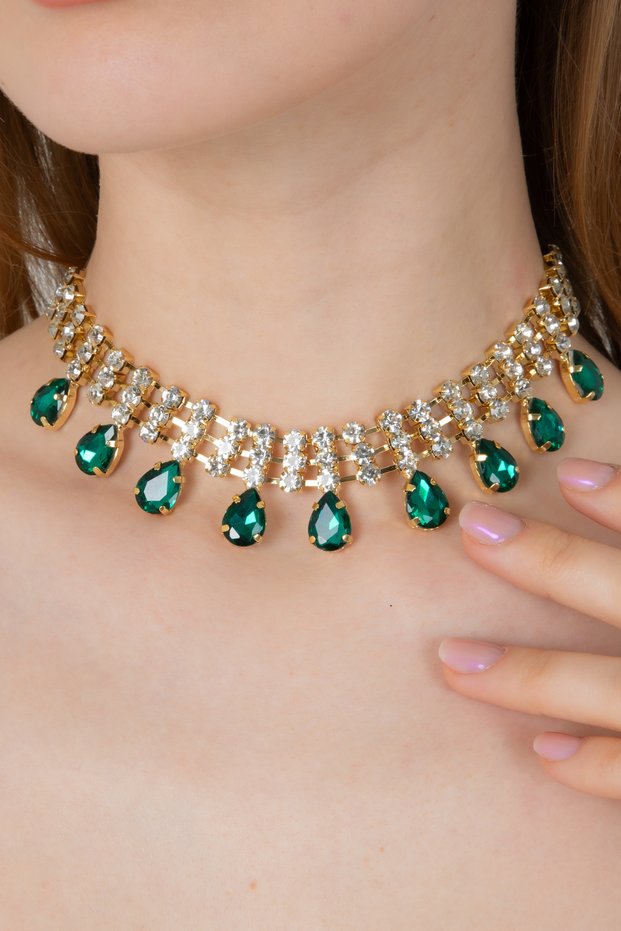 Women's Elegante Model Emerald Green Color Gold Plated Drop Stone Detailed 3 Row Zircon Choker Necklace