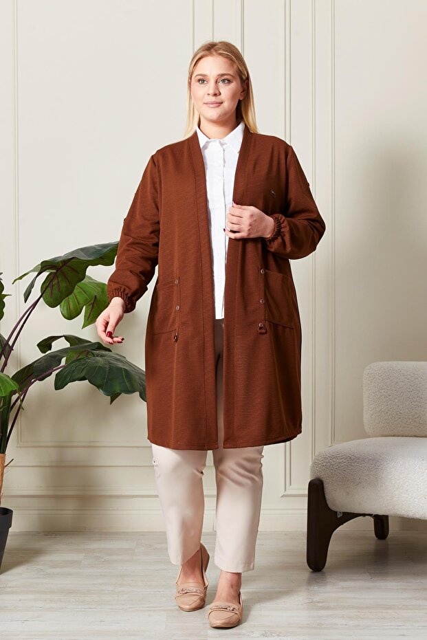 Women's Ottoman Steel Large Size Cardigan with Pockets