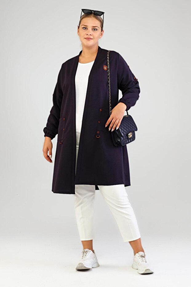 Women's Ottoman Steel Large Size Cardigan with Pockets