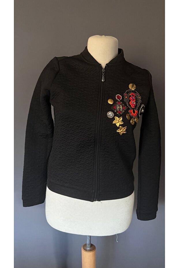 İşlemeli Siyah Bomber Ceket - 6