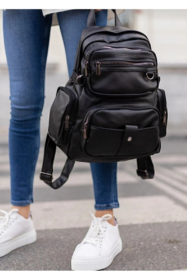 Black Wash Leather Women's Multi-Compartment Backpack