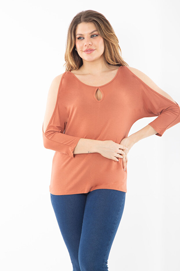 Women's Plus Size Orange Kiss Collar Shoulder Low-cut Long Sleeve Blouse 65n37365