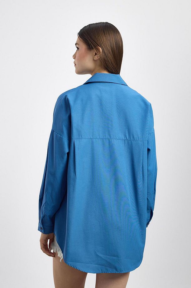İndigo Çift Cepli Oversize Uzun Basic Gömlek - Tcr-6256a - 5