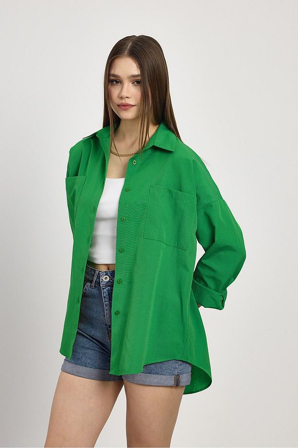 Benetton Yeşili Çift Cepli Oversize Uzun Basic Gömlek - Tcr-6256a - 3