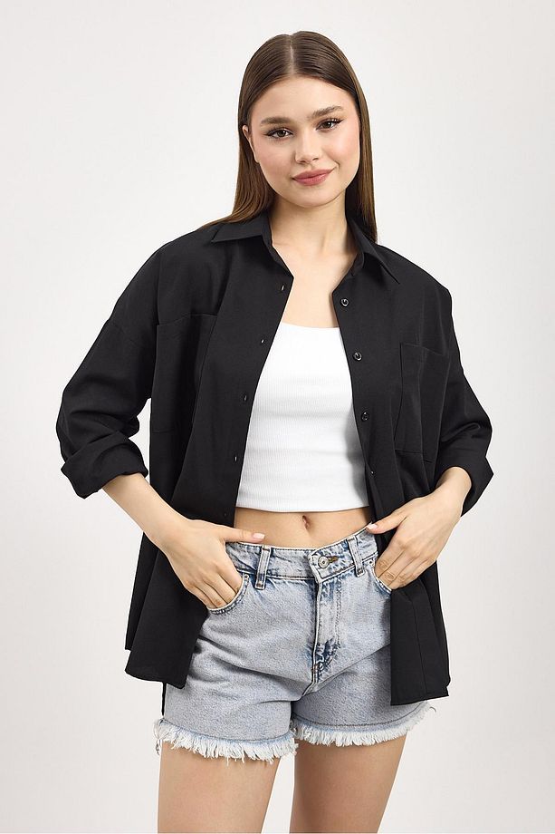 Siyah Çift Cepli Oversize Uzun Basic Gömlek - Tcr-6256a - 2