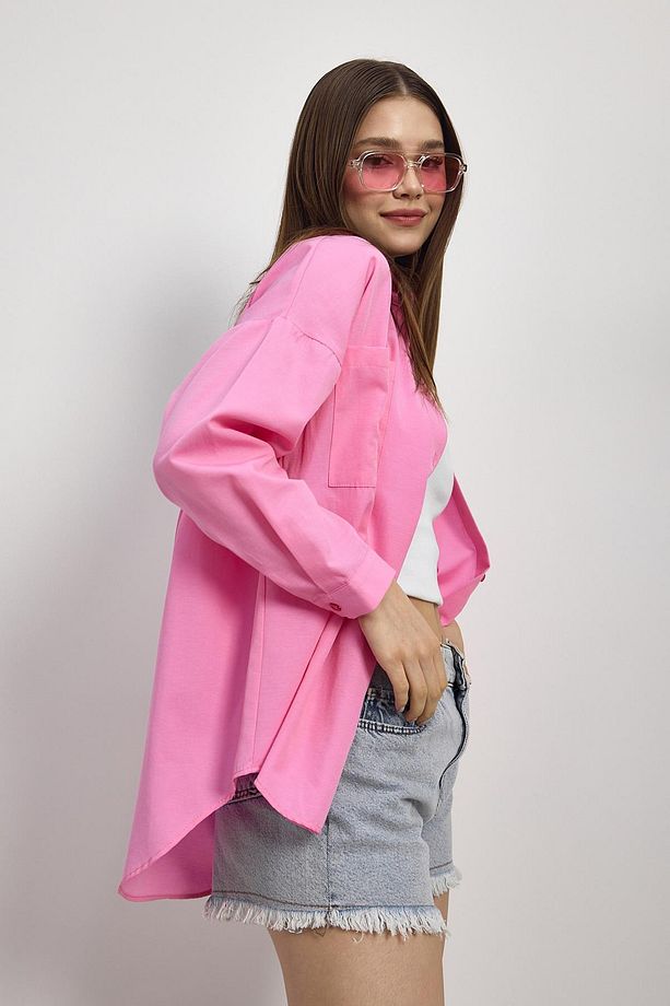 Şeker Pembe Çift Cepli Oversize Uzun Basic Gömlek - Tcr-6256a - 7