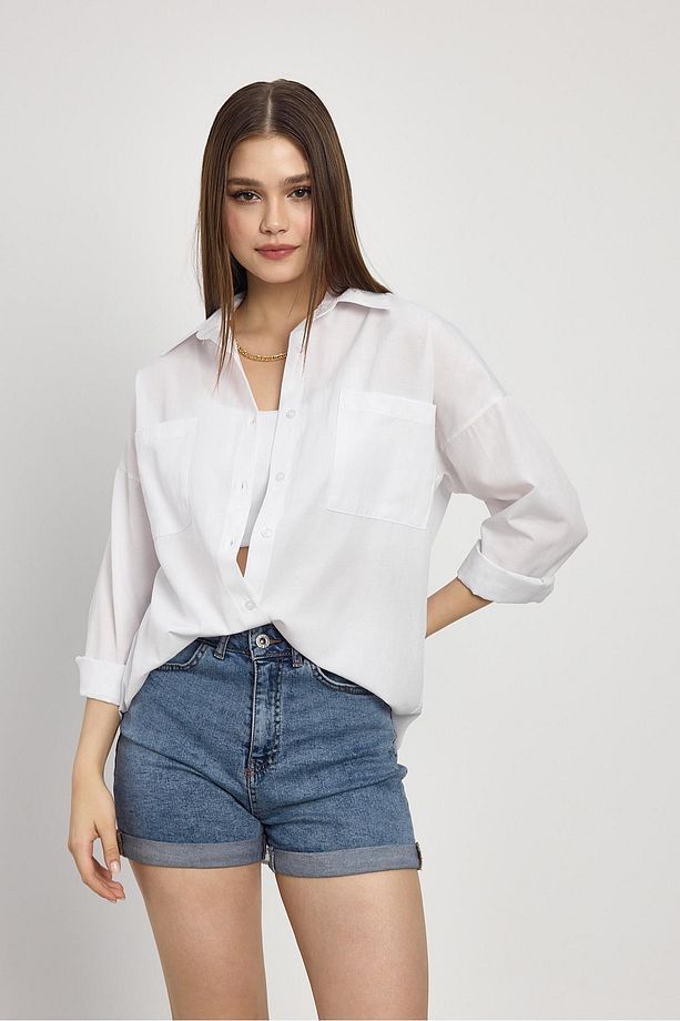 Beyaz Çift Cepli Oversize Uzun Basic Gömlek - Tcr-6256a - 1