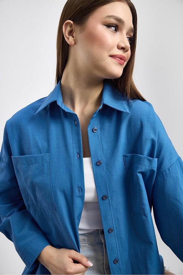 İndigo Çift Cepli Oversize Uzun Basic Gömlek - Tcr-6256a - 7